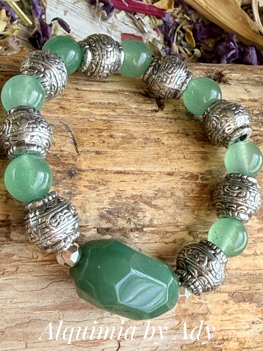 Ultra big + Beaded Green aventurine  Silver Bracelet + statement